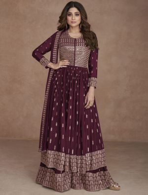 Wine Georgette Semi Stitched Sequined Palazzo Suit small FABSL21627