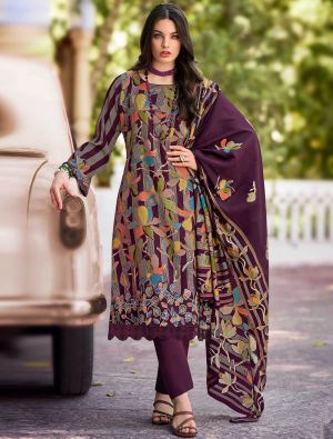 Wine Muslin Floral Printed Ready To Wear Salwar Kameez FABSL22219
