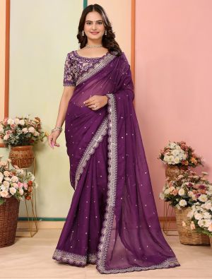 Wine Organza Embroidered Saree