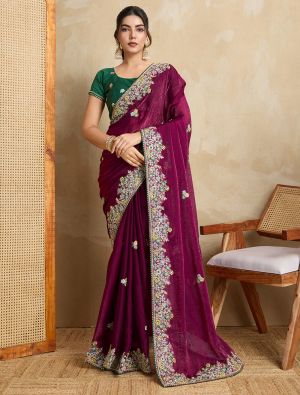 Wine Poly Chiffon Embroidered Saree