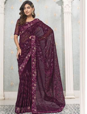 Wine Premium Georgette Saree With Sequins Embroidery