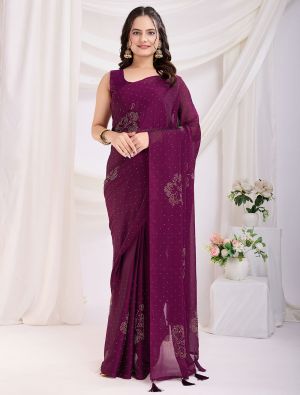 Wine Rangoli Silk Ready To Wear Saree With Diamond Work