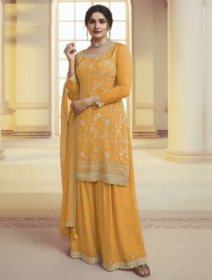 Yellow Chinon Semi Stitched Embroidered Palazzo Suit small FABSL21803