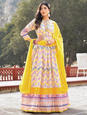 yellow dola silk printed readymade gown with dupatta fabgo20262