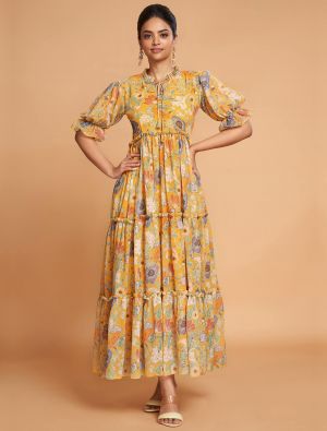 yellow georgette printed elegant midi dress fabku20881