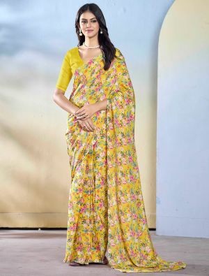 Yellow Georgette Ready To Wear Saree With Unstitched Blouse