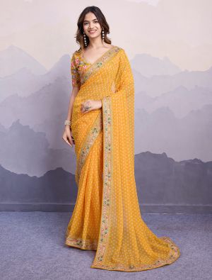 Yellow Georgette Saree With Bandhani Print And Embroidery