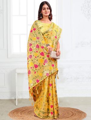 Yellow Linen Cotton Jacquard Woven Saree