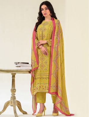 Yellow Muslin Embroidered Ready To Wear Salwar Kameez FABSL22214
