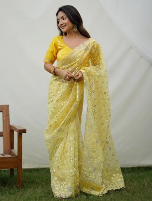 Yellow Organza Party Wear Saree With Thread And Sequins