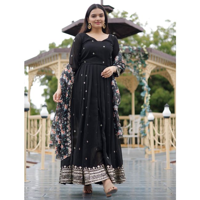 Black Georgette Zari Embroidered Readymade Gown With Dupatta Online  FABGO20269 FABANZA UK