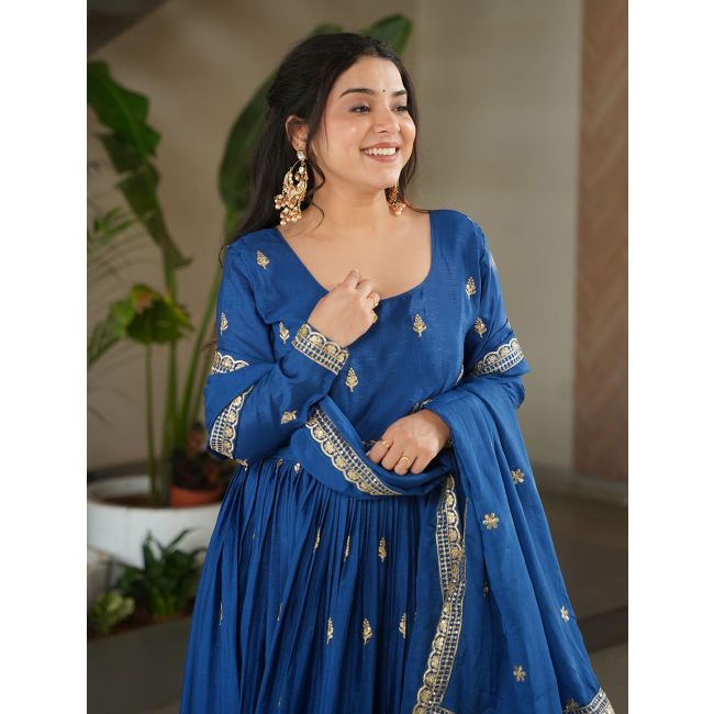 Blue Chinon Elegant Gown with Dupatta Online FABGO20394 FABANZA UK