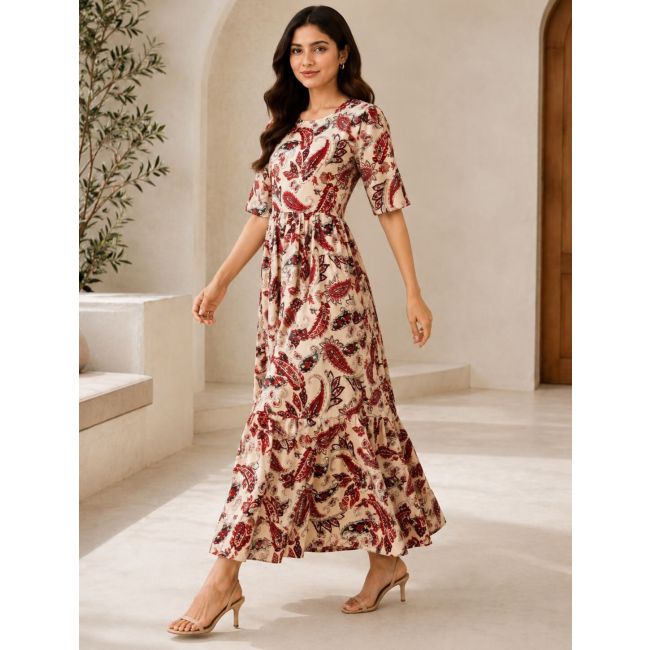 maroon and cream dress Cream And Burgundy Asymmetrical Floral Maxi Dress