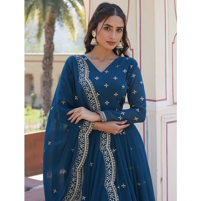 denim anarkali dress denim blue georgette sequined anarkali gown with dupatta online fabgo20290 fabanza