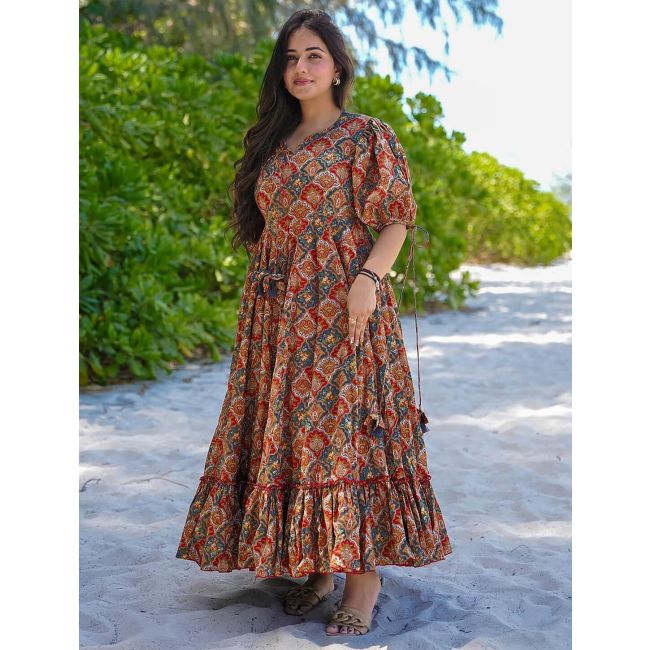 Multicolor Rayon Printed Flared Dress