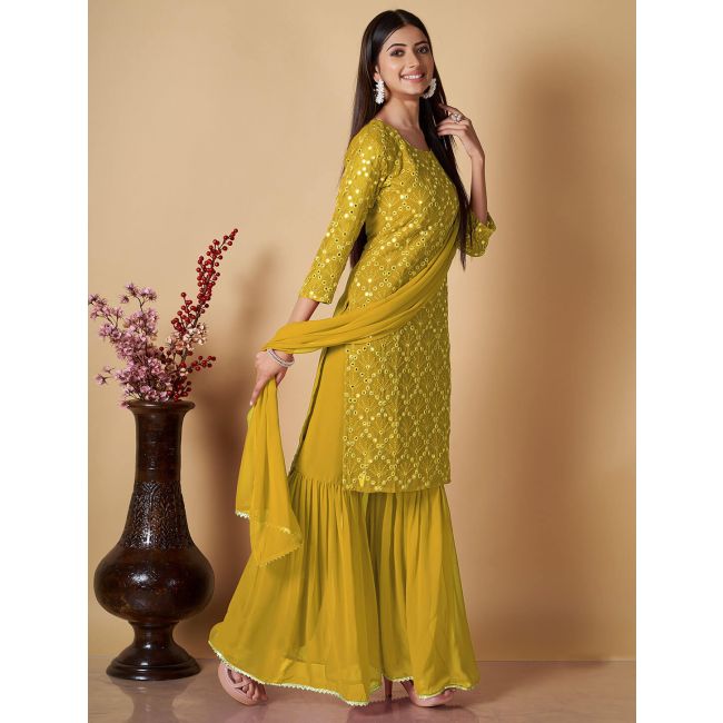 Women's Embroidered Designer Salwar Suit - Ready To Wear Sharara Style, Mustard Color, Size 42 - EB-1023 - View #11