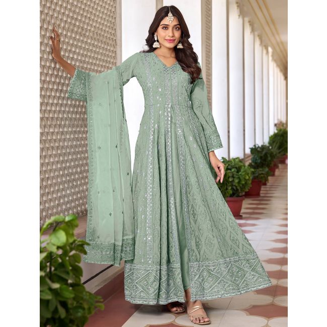 Pista Green Heavy Motif and swarovski work Anarkali  with tail- Rent main image 1