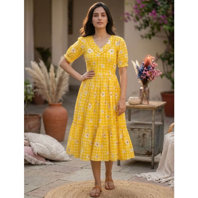 Sunflower Yellow Muslin Fit And Flare Midi Dress Online FABKU21238 FABANZA UK Sunflower Yellow Muslin Fit And Flare Midi Dress Online FABKU21238 FABANZA UK