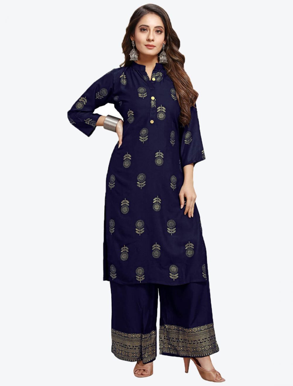 Linen Ready Made Stitched Printed Kurti For Women - BF-20 - Navy Blue