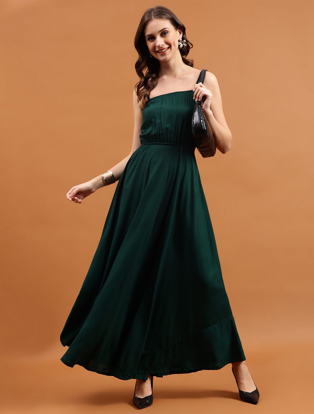 Dark Green Viscose Rayon Flared Sleeveless Maxi Dress Online