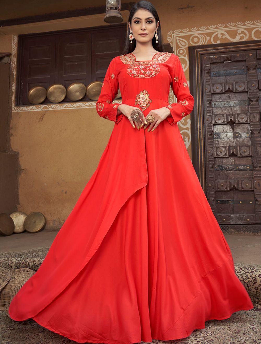 Bright Red Muslin Readymade Gown With Thread Embroidery