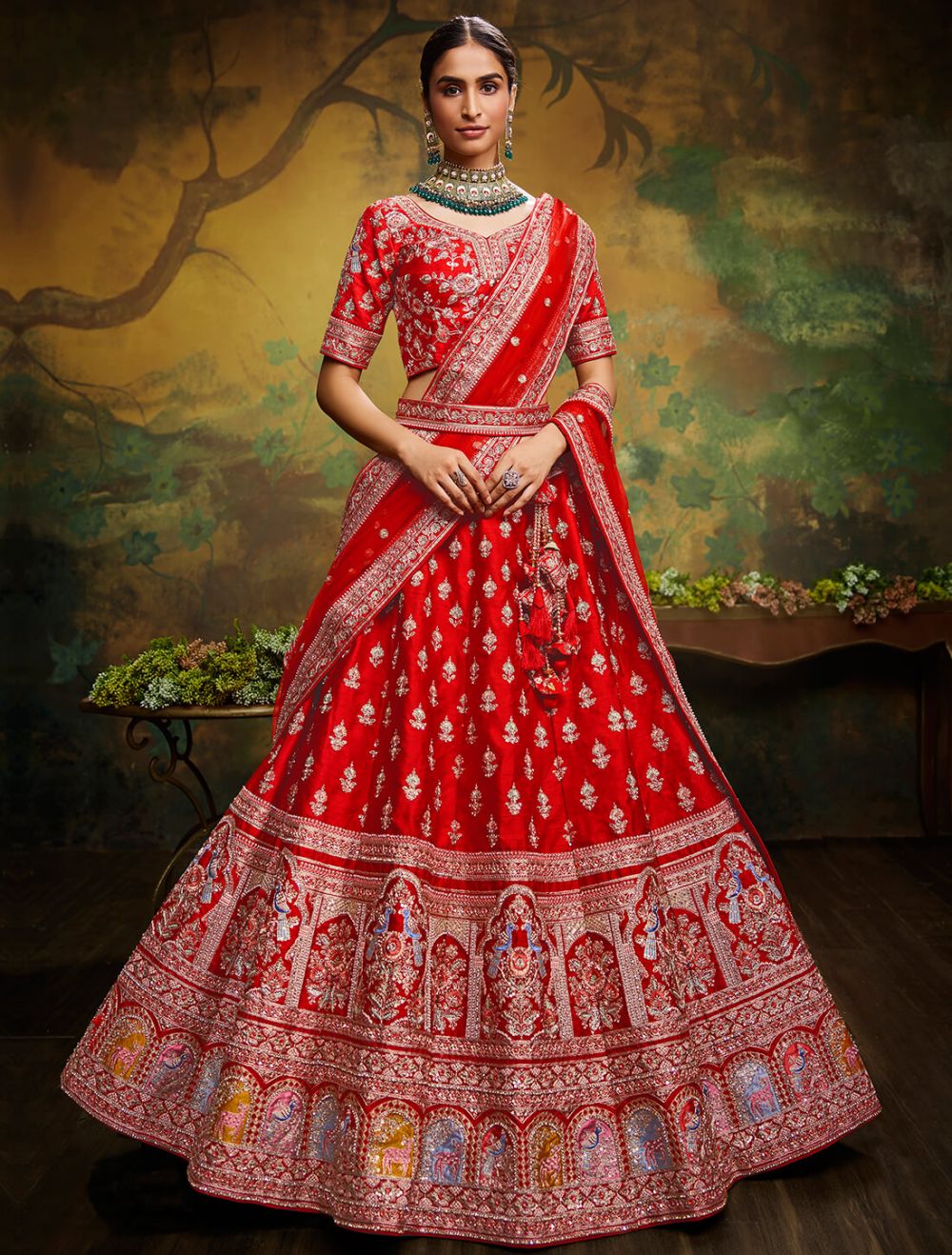 Buy Magnific Orange-Pink Embroidered Banarasi Silk Bridal Lehenga