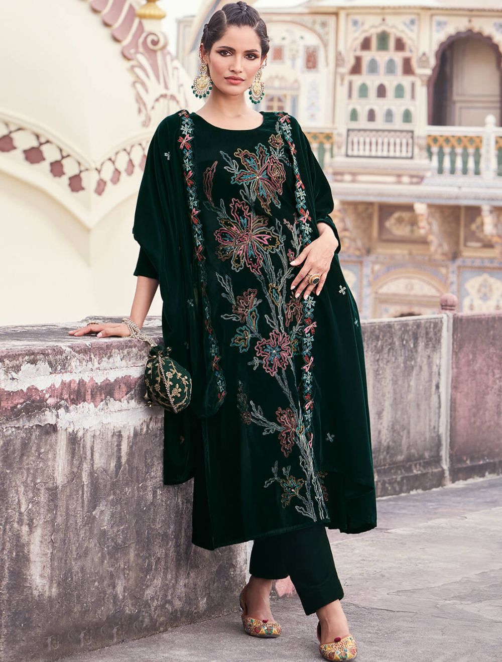 Dark Green Velvet Embroidered Designer Salwar Kameez Online FABANZA UK