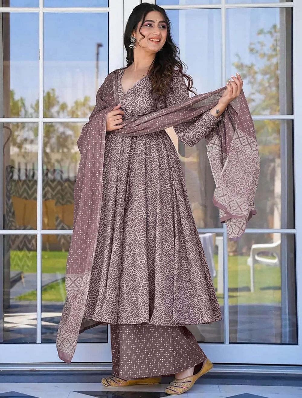 Dusty Brown Muslin Digital Printed Readymade Palazzo Suit