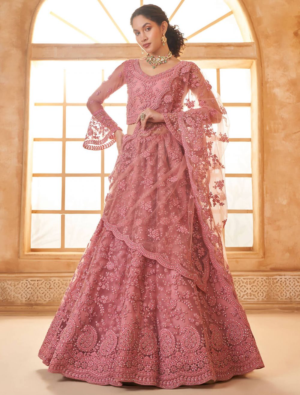 Dusty Pink Soft Net Embroidered Lehenga With Diamond Work Online FABANZA UK