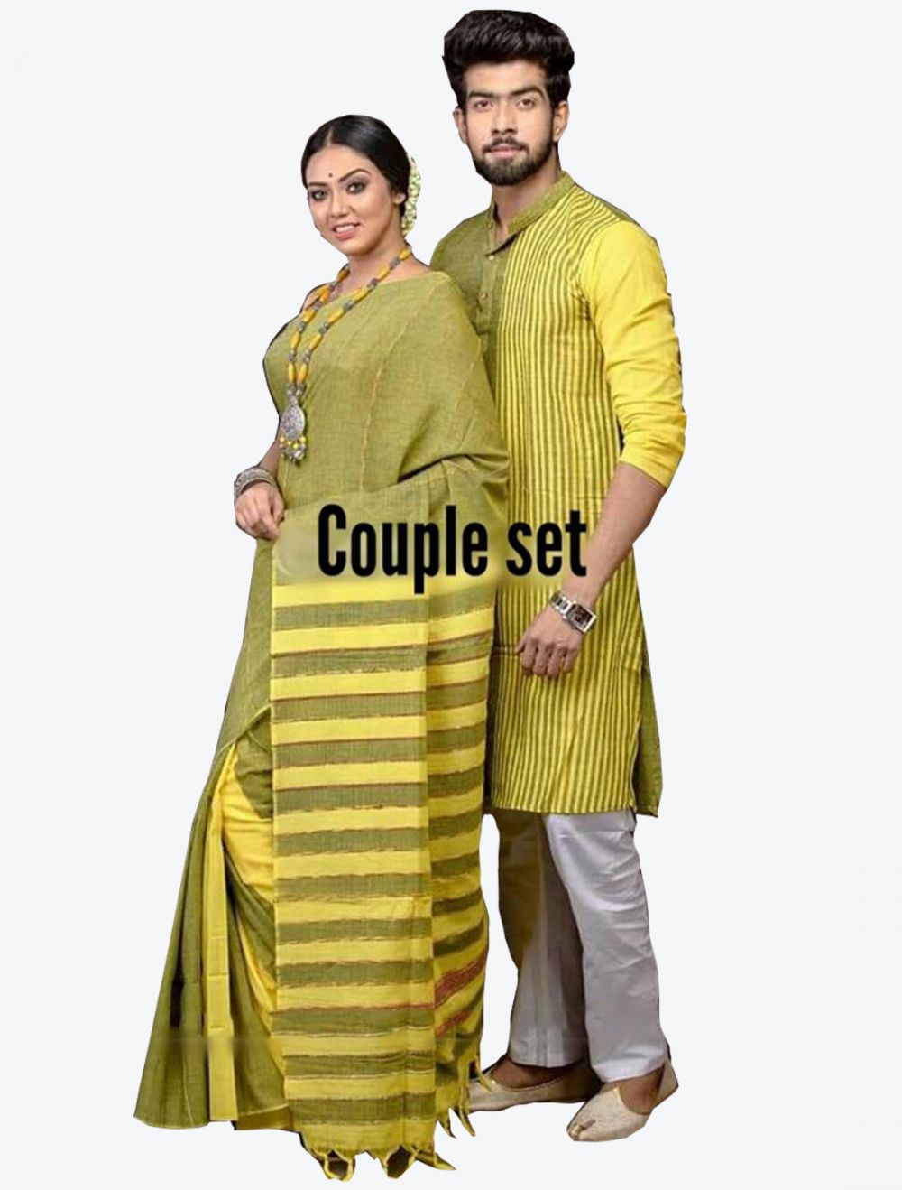 Gold Pista Couple Dress Dobby Print Silk Saree and kurta pyjama – Archittam  Fashion