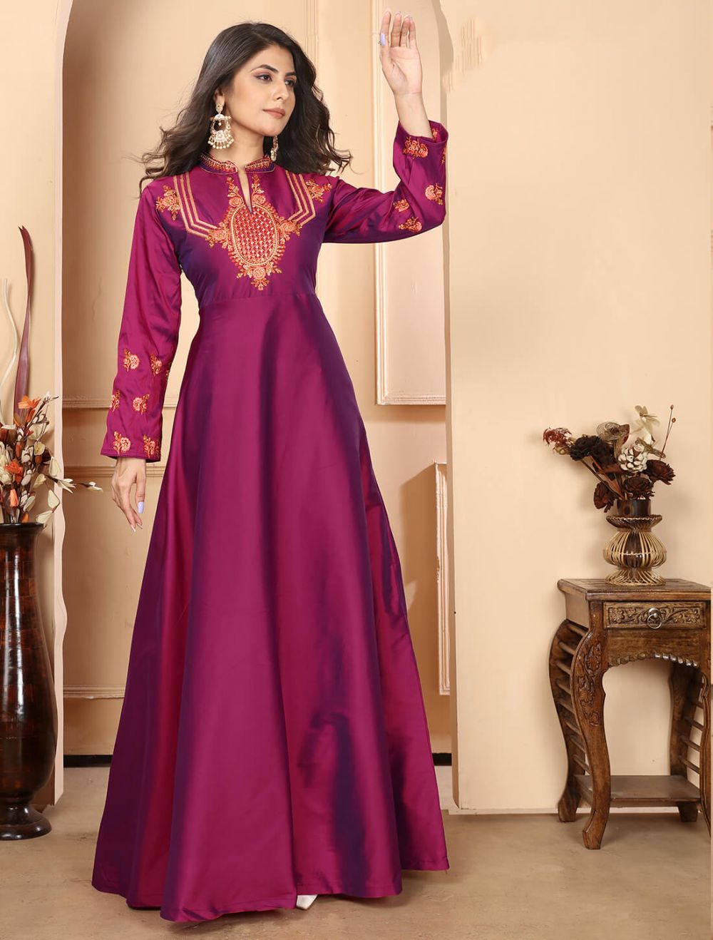 Maroon Triva Silk Party Wear Embroidered Gown