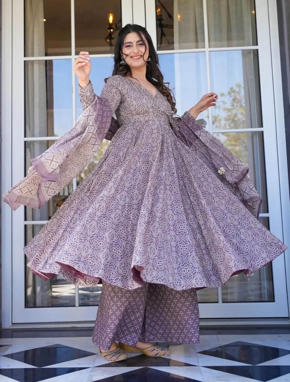 Mauve Cotton Silk Readymade Palazzo Suit