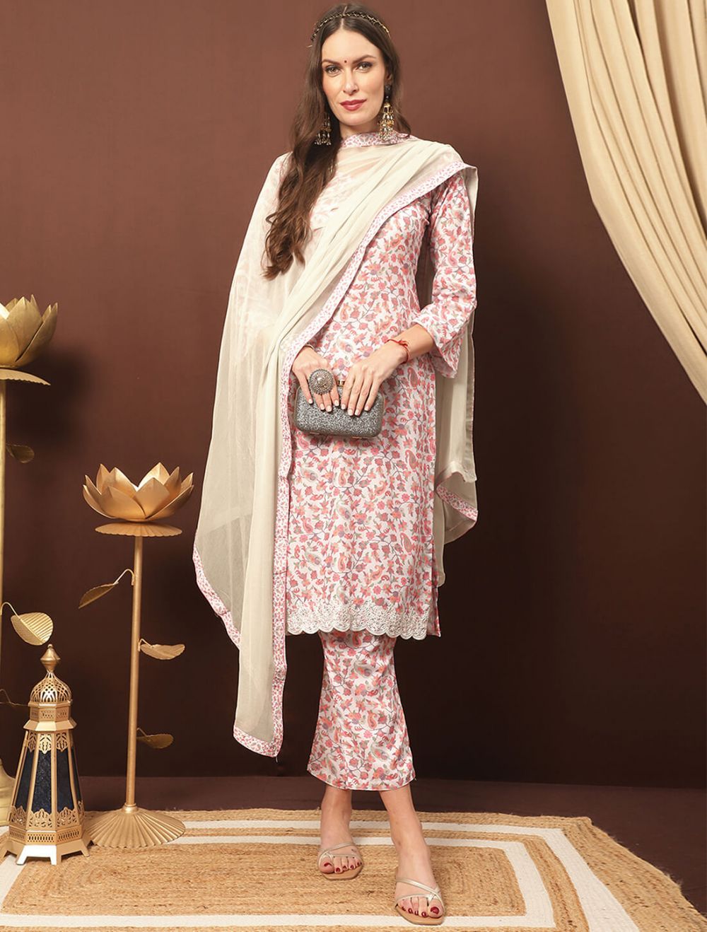 Off White Cotton Blend Palazzo Suit With Kashmiri Print Online