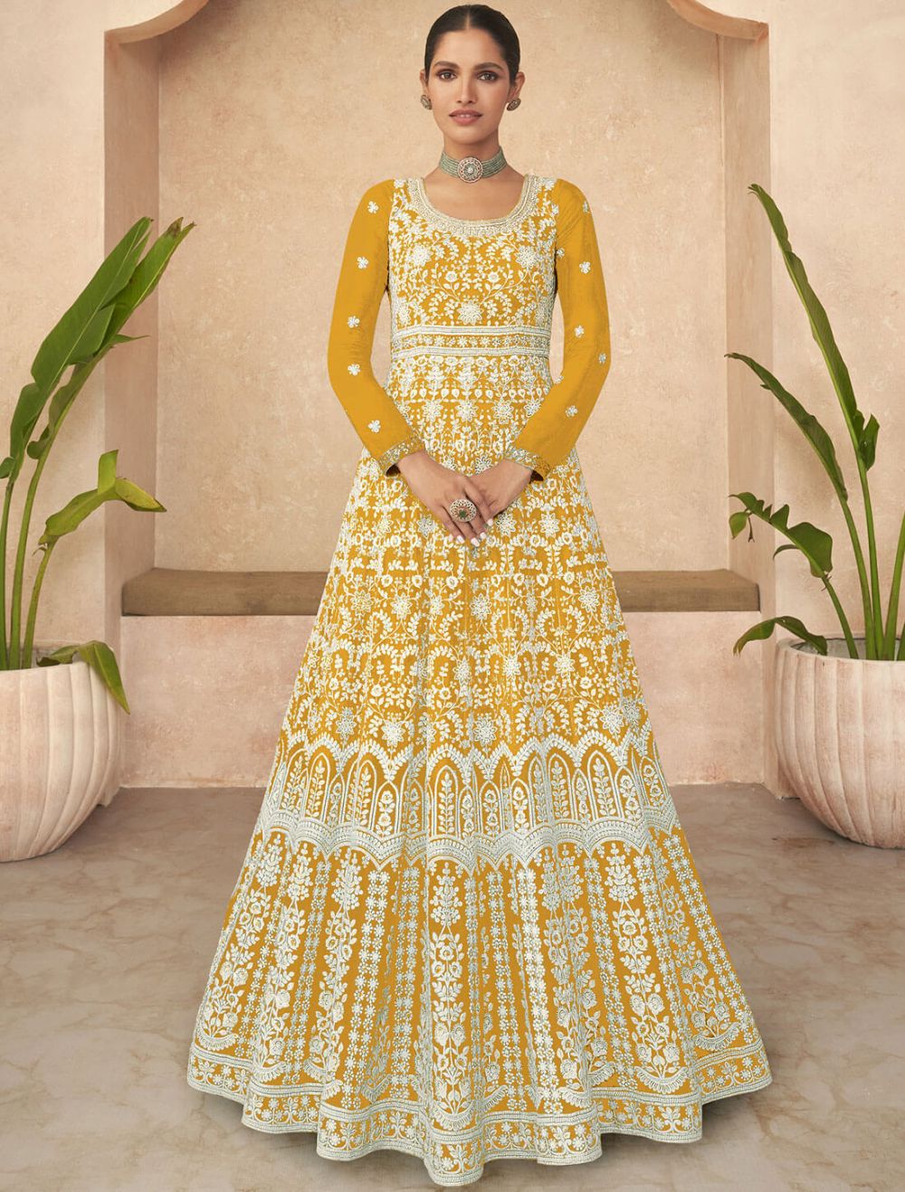 Citric yellow hand embroidered worked anarkali with dupatta Design by Ease  at Modvey | Modvey