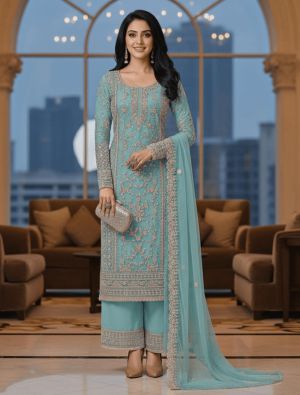 Aqua blue Butterfly Net Semi Stitched Salwar Kameez FABSL22516