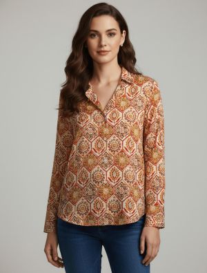 beige and rust crepe cutaway collar shirt fabku21276