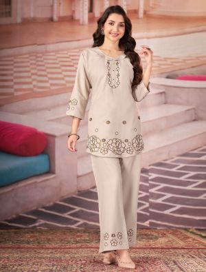 beige rayon embroidered co ord set with handwork fabku21328