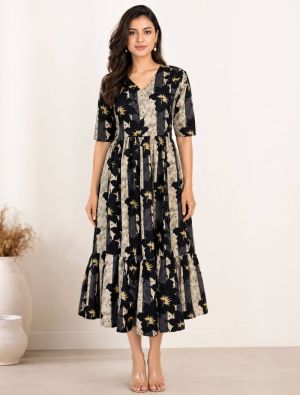 black and beige rayon fit and flare tiered midi dress fabku21292