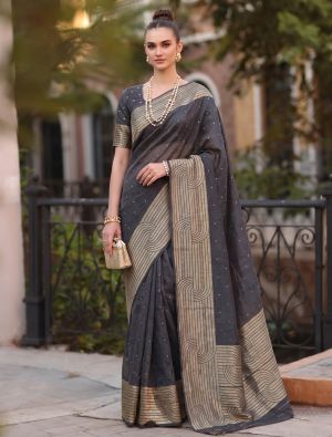 Black Cotton Blend Saree With Woven Zari Work FABSA23037