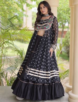 Black Cotton Ready To Wear Lehenga With Georgette Blouse FABLE20624