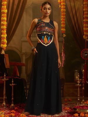 black georgette embellished crop top and palazzo set fabku21325