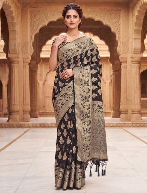 Black Viscose Silk Saree With Woven Zari Work FABSA23049