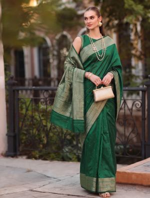 Bottle Green Cotton Blend Saree With Woven Zari Work FABSA23039