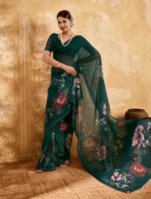 Bottle Green Floral Print Georgette Saree FABSA22987