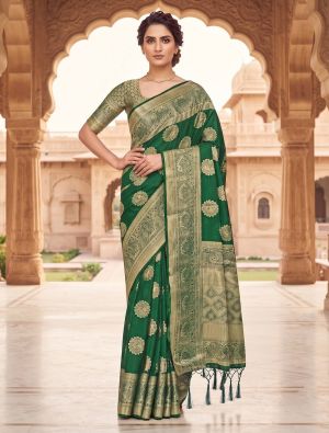 Bottle Green Viscose Silk Saree With Woven Zari Work FABSA23046