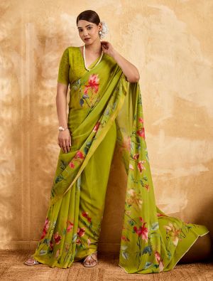 Bright Olive Green Floral Print Georgette Saree FABSA22986