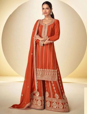 Burnt Orange Chinon Free Size Ready To Wear Palazzo Suit FABSL22552