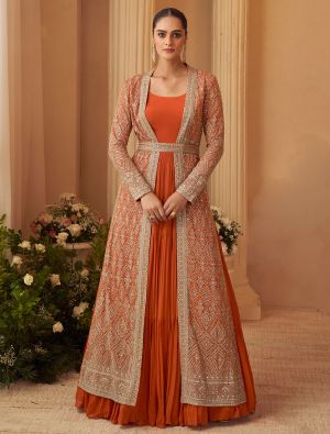 Burnt Orange Chinon Ready To Wear Anarkali Dress With Front Open Jacket FABSL22527