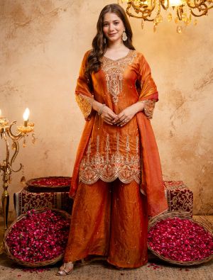 Burnt Orange Fendy Silk Embroidered Ready To Wear Salwar Kameez swatch FABSL22574