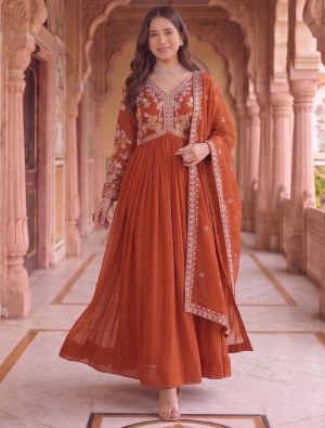 burnt orange georgette pleated flared gown with dupatta fabgo20454